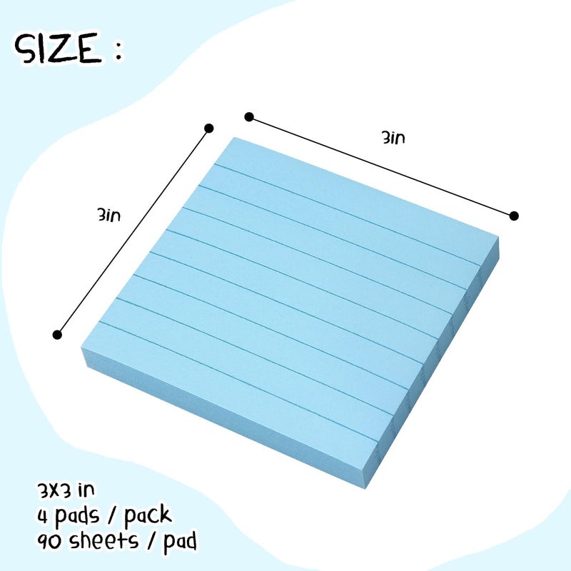Eastern Wolf Lined Sticky Notes 3x3 Sticky Notes with Lines Self-Stick Notes Bright Color 4 Pads 90 Sheets/Pad (Light Blue) - Image 2